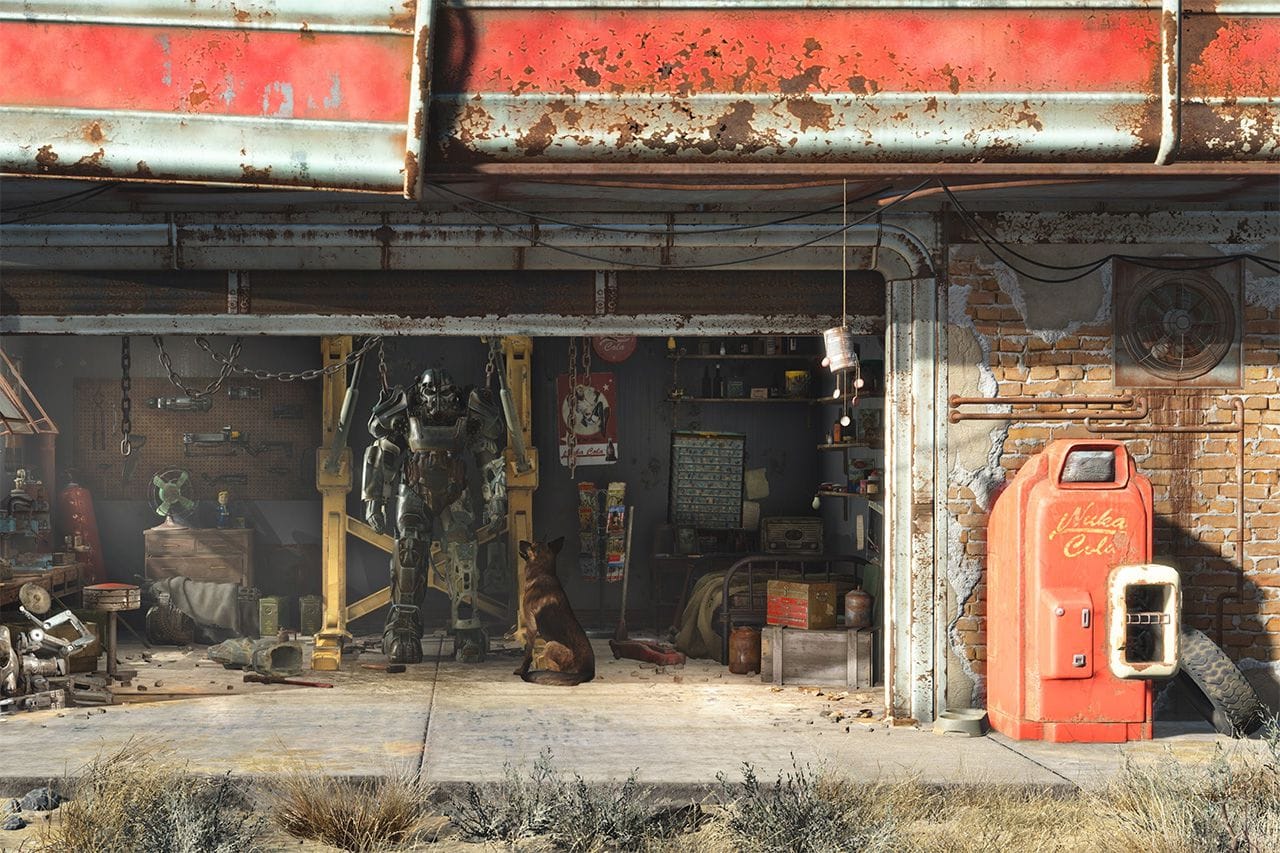 Dogmeat, the German Shepherd from Fallout 4, sitting by a T-45 power armor in an worn down garage.
