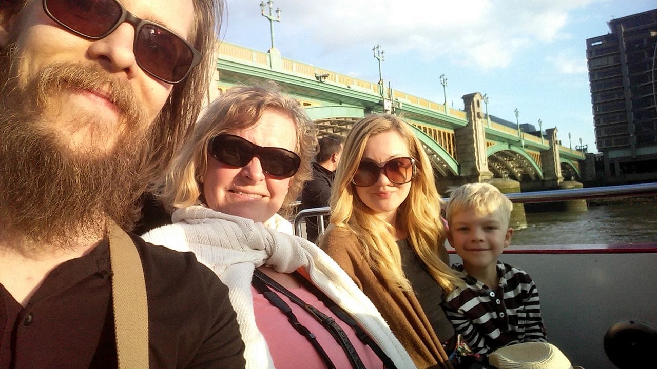 All of us, taking a boat ride across the Thames.