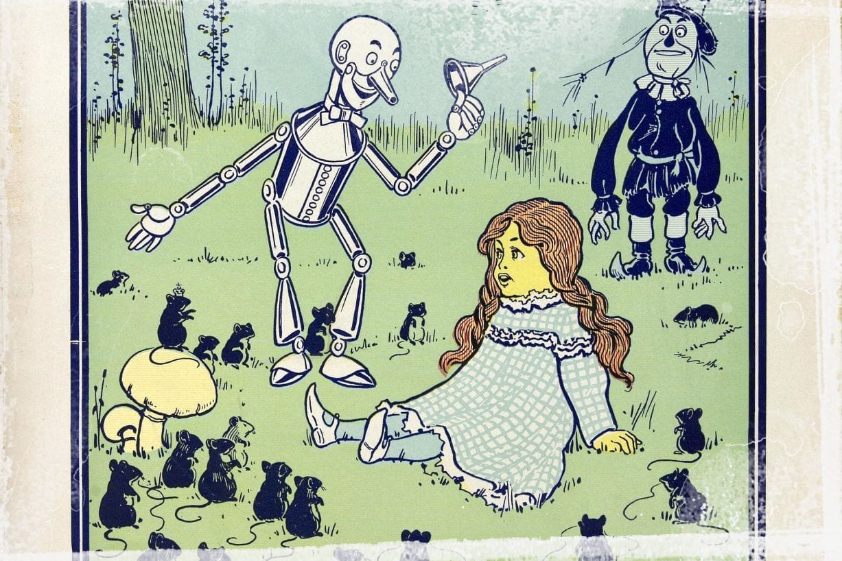 The Tin man introducing the mice to Dorothy as illustrated by W. W. Denslow.