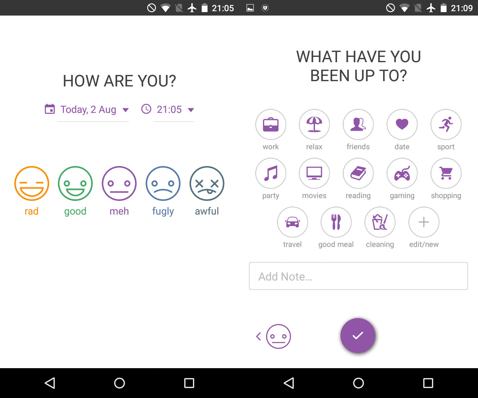 Screenshot of picking your mood in Daylio.