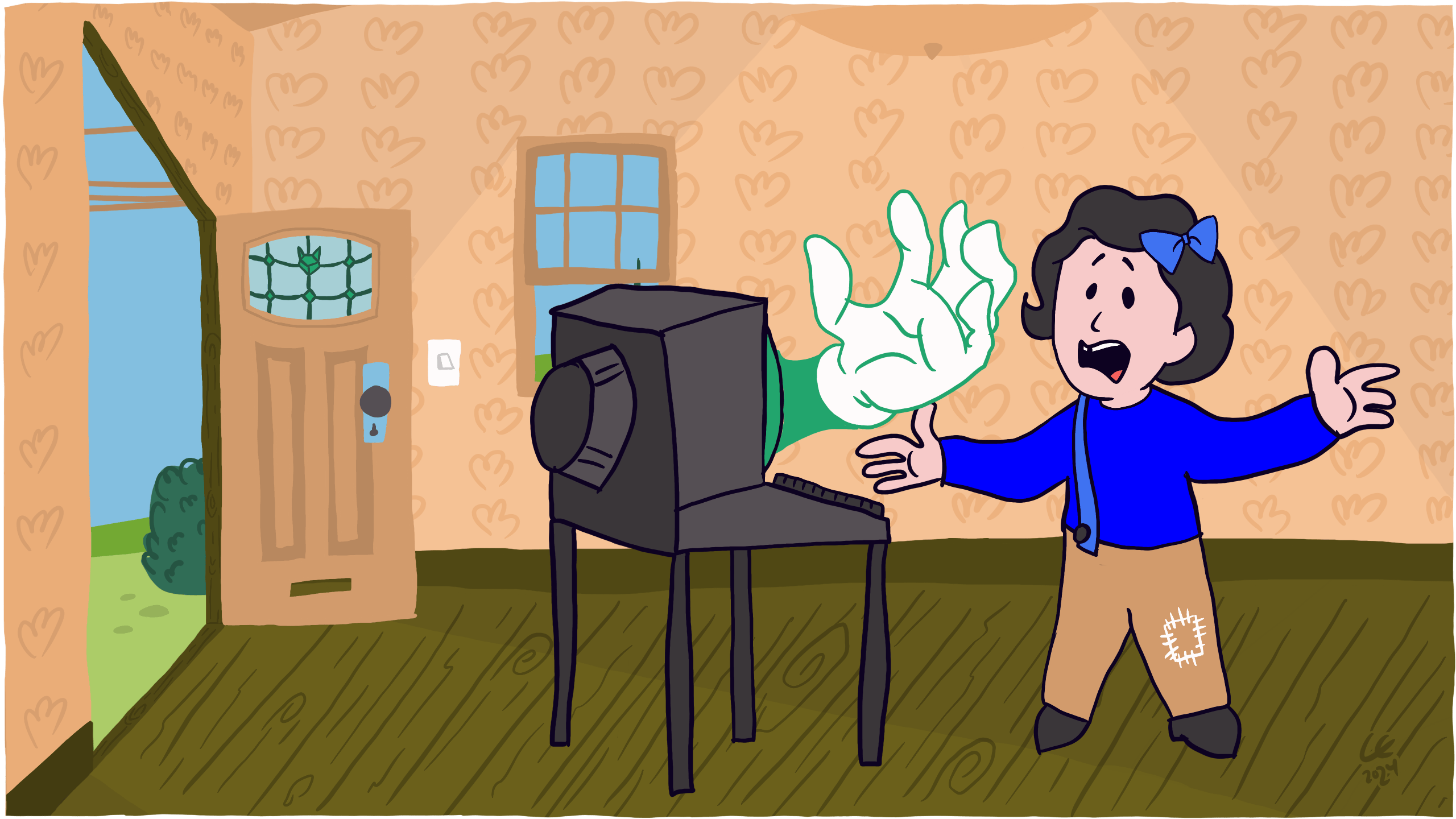 Frankie is horrified by a giant hand reaching out from their computer trying to grab them. Illustration by Carlos Eriksson.