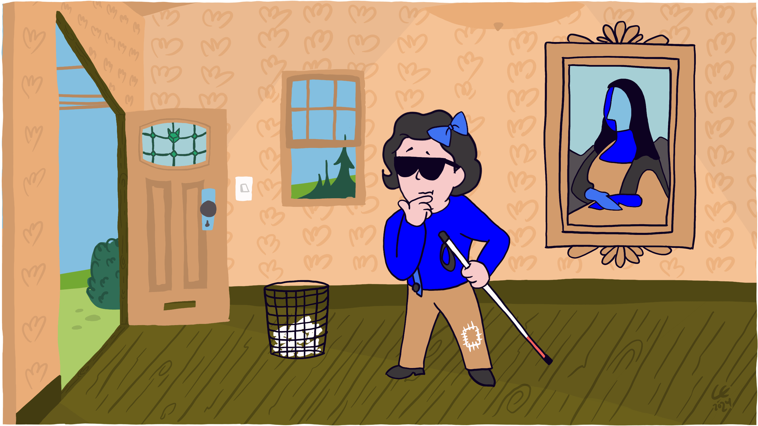 Frankie is blind, standing and admiring a piece of art, except they're facing a bin instead of the Mona Lisa. Illustration by Carlos Eriksson.