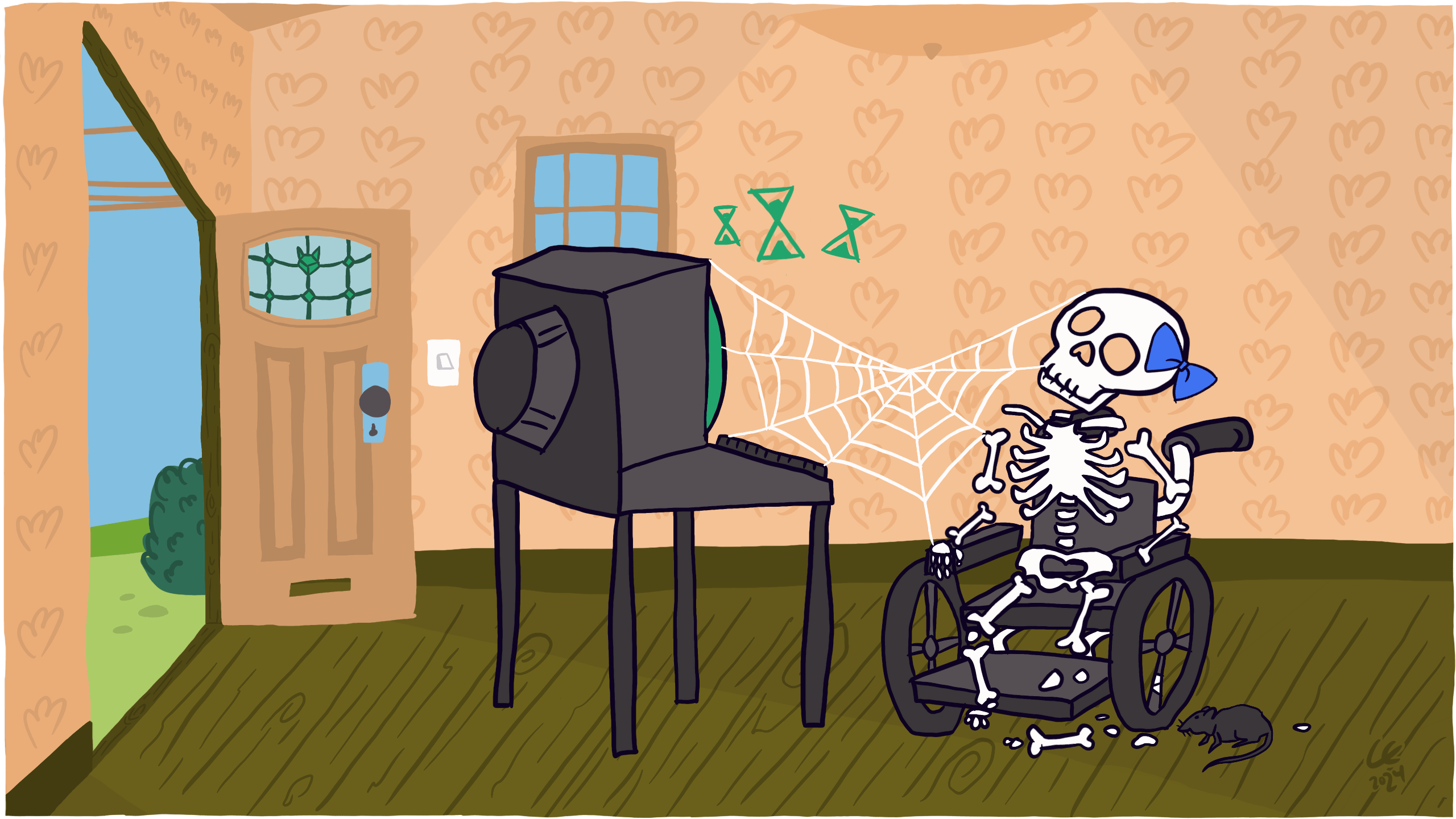 Frankie is a dead skeleton sat in a wheelchair in front of their computer whilst a rat is eating their toe bones. Illustration by Carlos Eriksson.