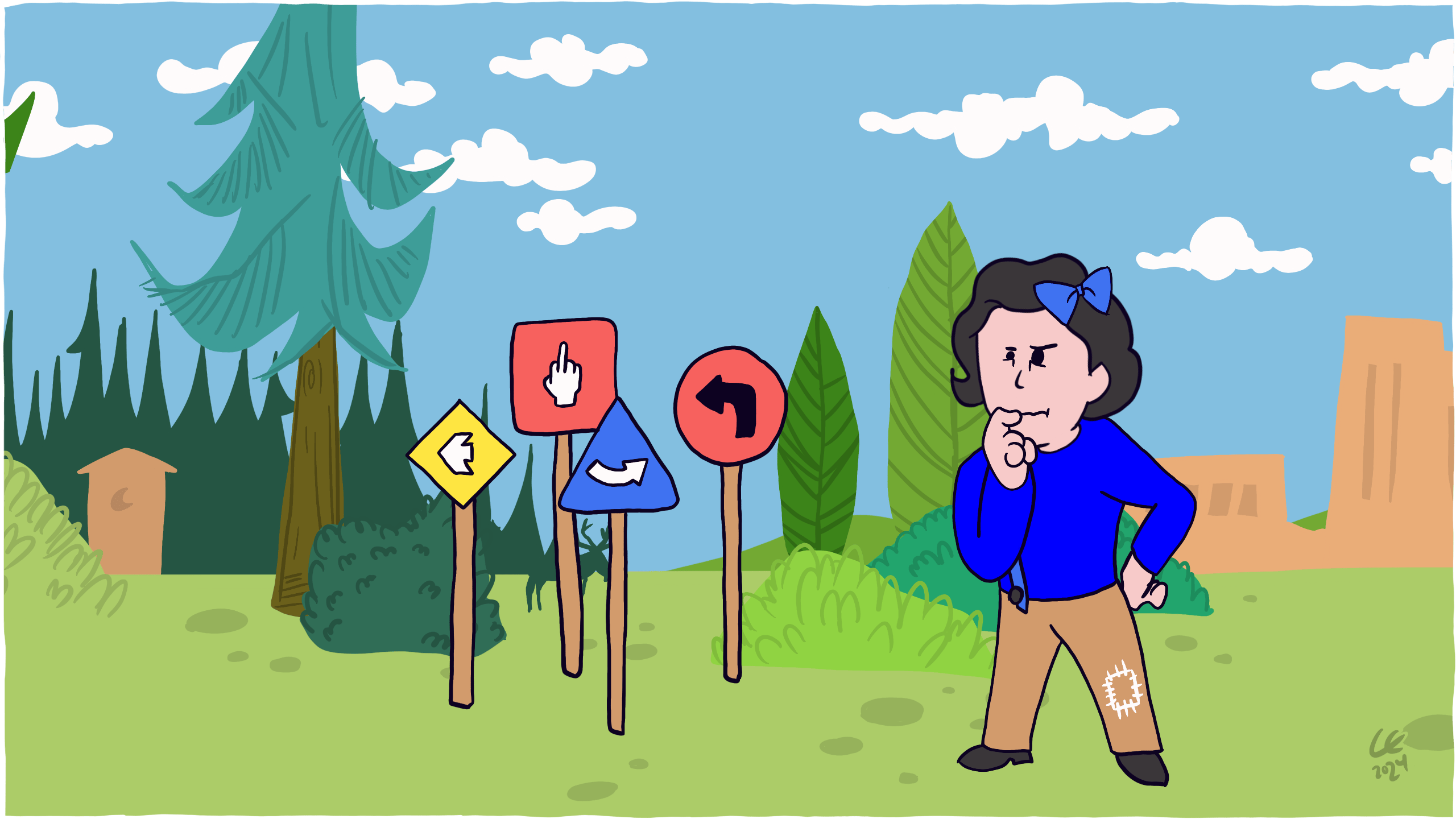 Frankie is confused by road signs pointing in different directions, one of which is giving Frankie the finger. Illustration by Carlos Eriksson.