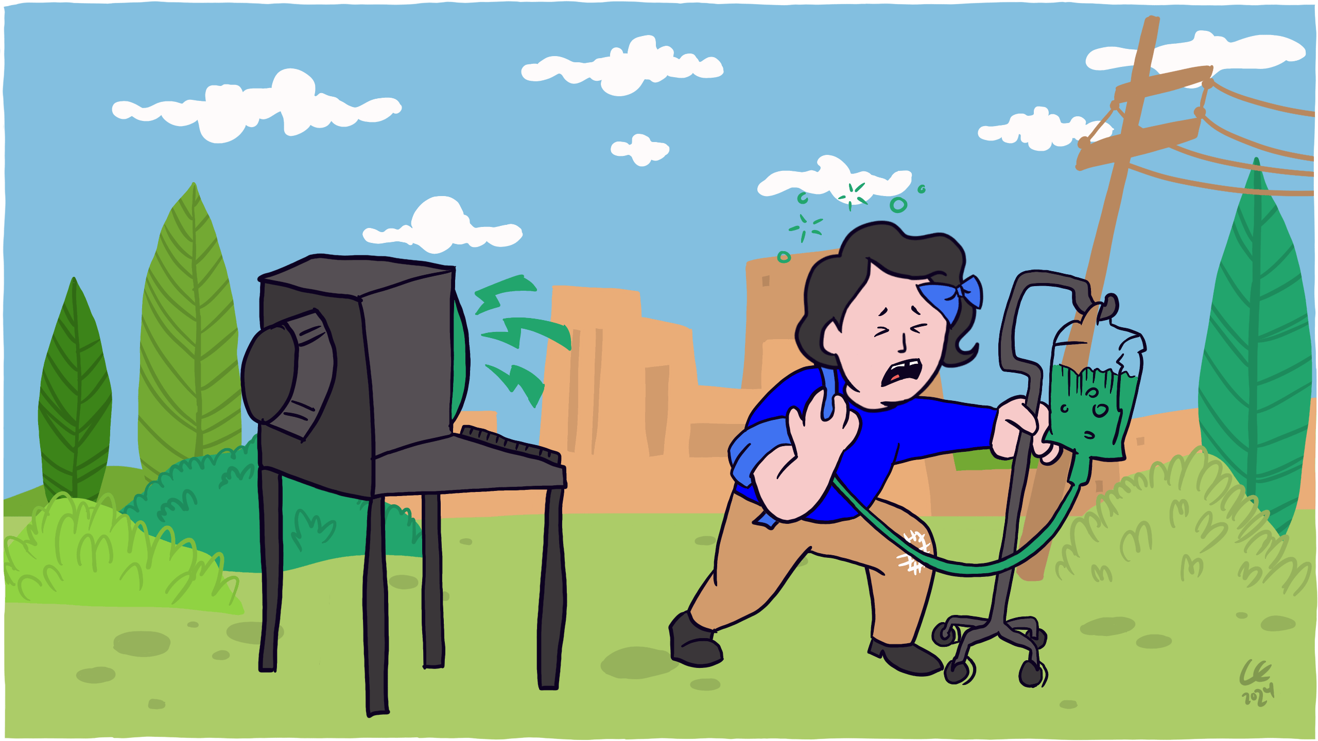 Frankie is walking away from a computer that has administered the wrong amount of medication. Illustration by Carlos Eriksson.