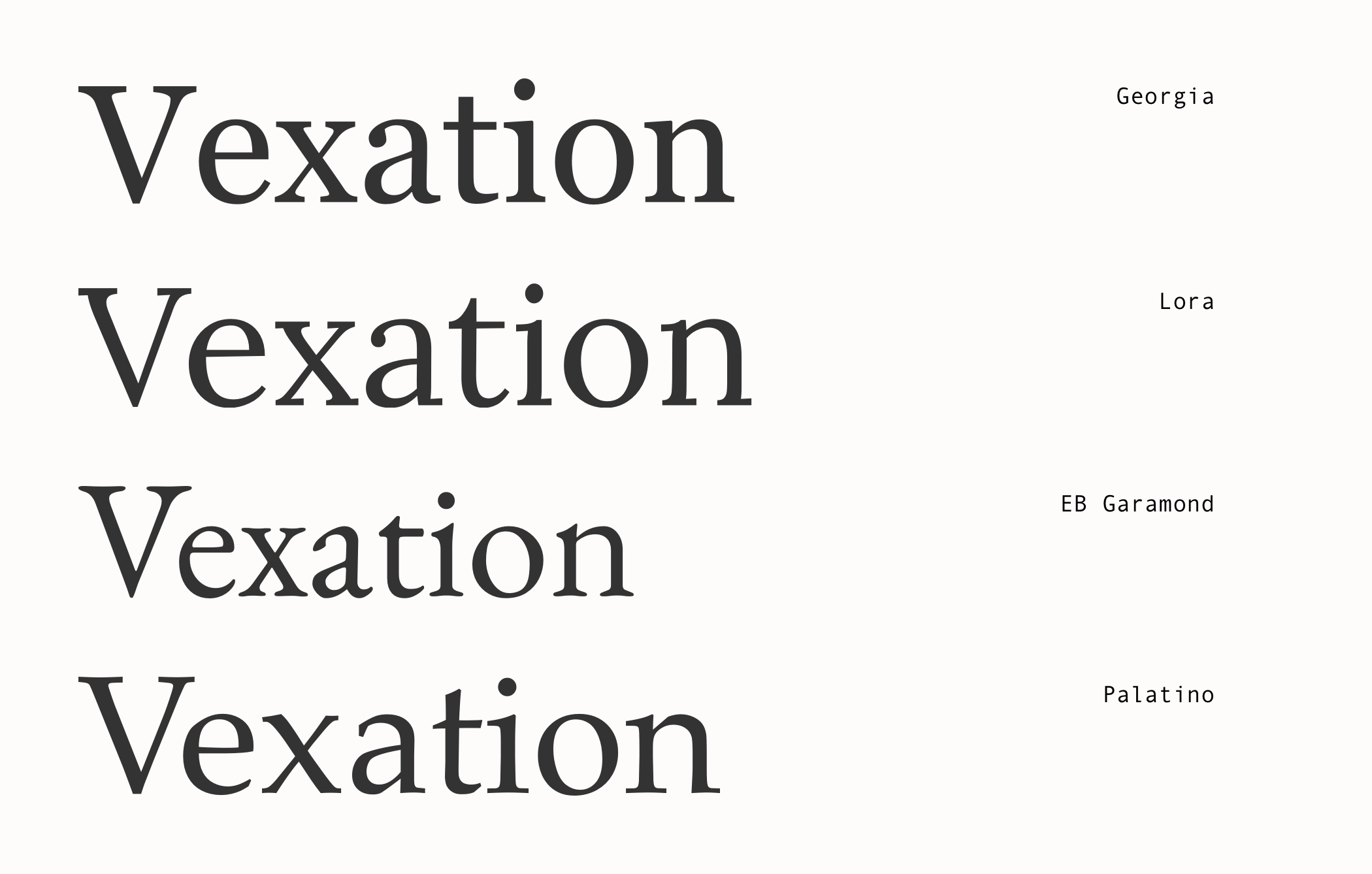 Large comparision of Georgia, Lora, EB Garamond, and Palatino.