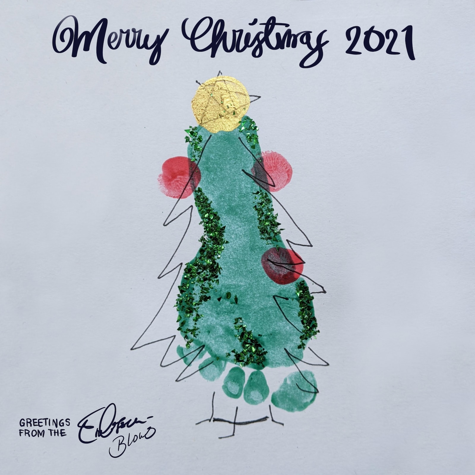 A Christmas tree made from Jude's footprint, Lucien's thumbprint for baubles and Carlos' thumb as the star. Outlined roughly with pigmet liner.