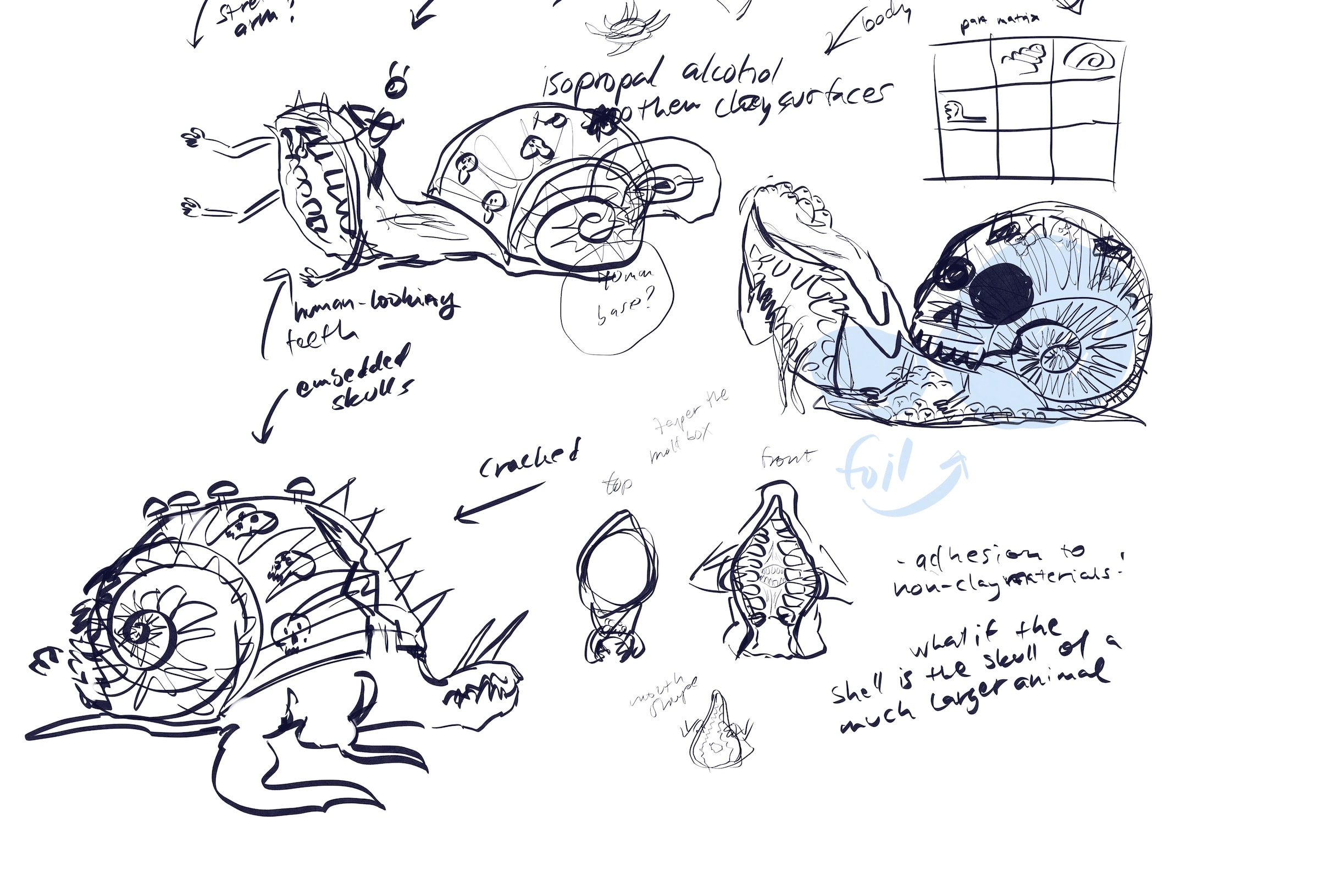Rough sketches of different monstrous snails with human-teeth and skulls embedded in them.