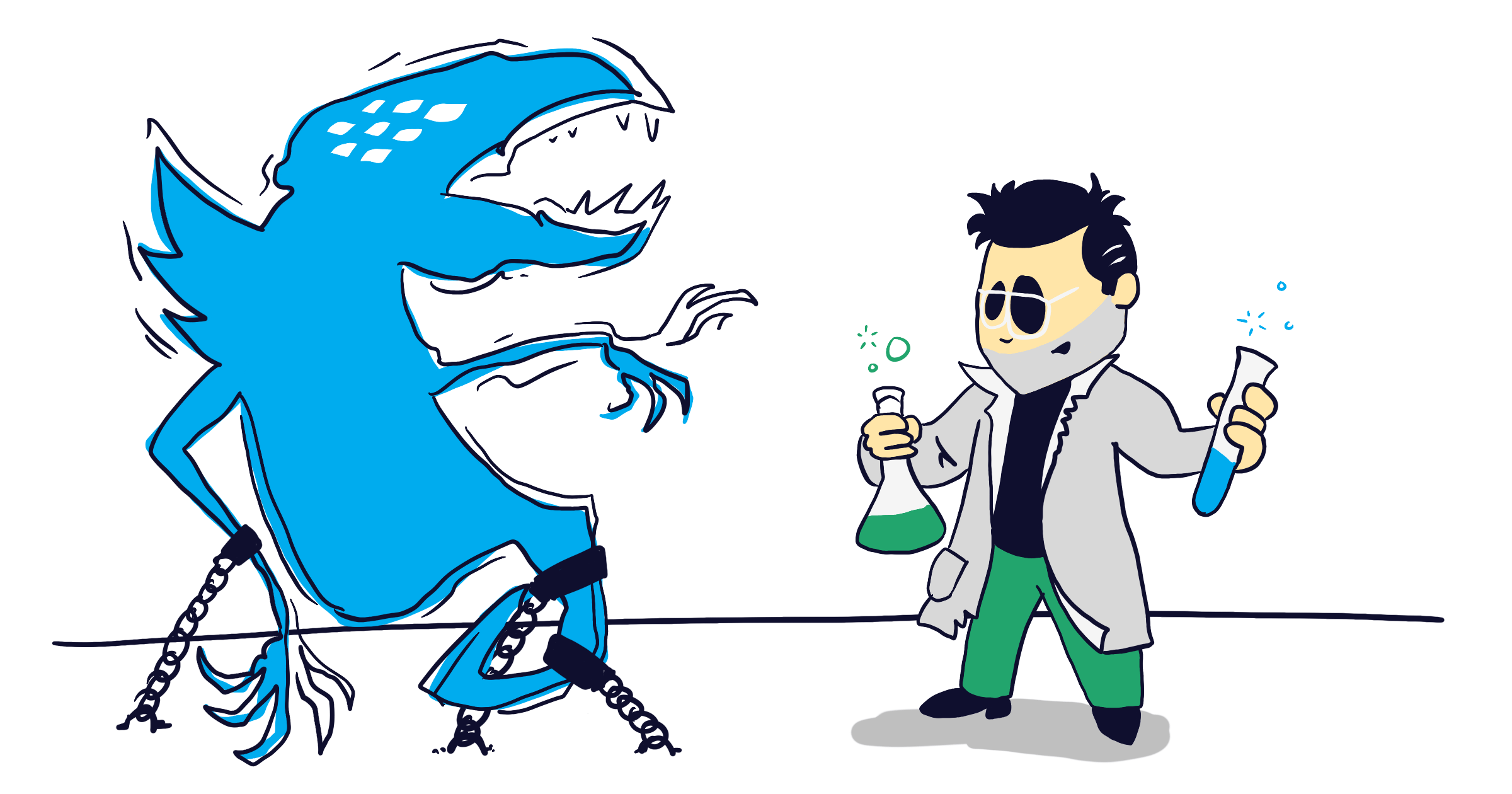 Cartoon-version of Carlos Eriksson dressed as a scientist, experimenting with a giant floating blue bird-monster.