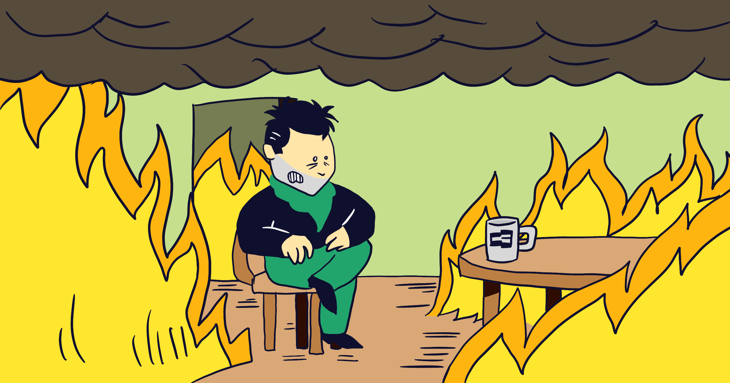Illustrated Carlos Eriksson sitting in a house on fire. A reinterpritaion of This Is Fine.