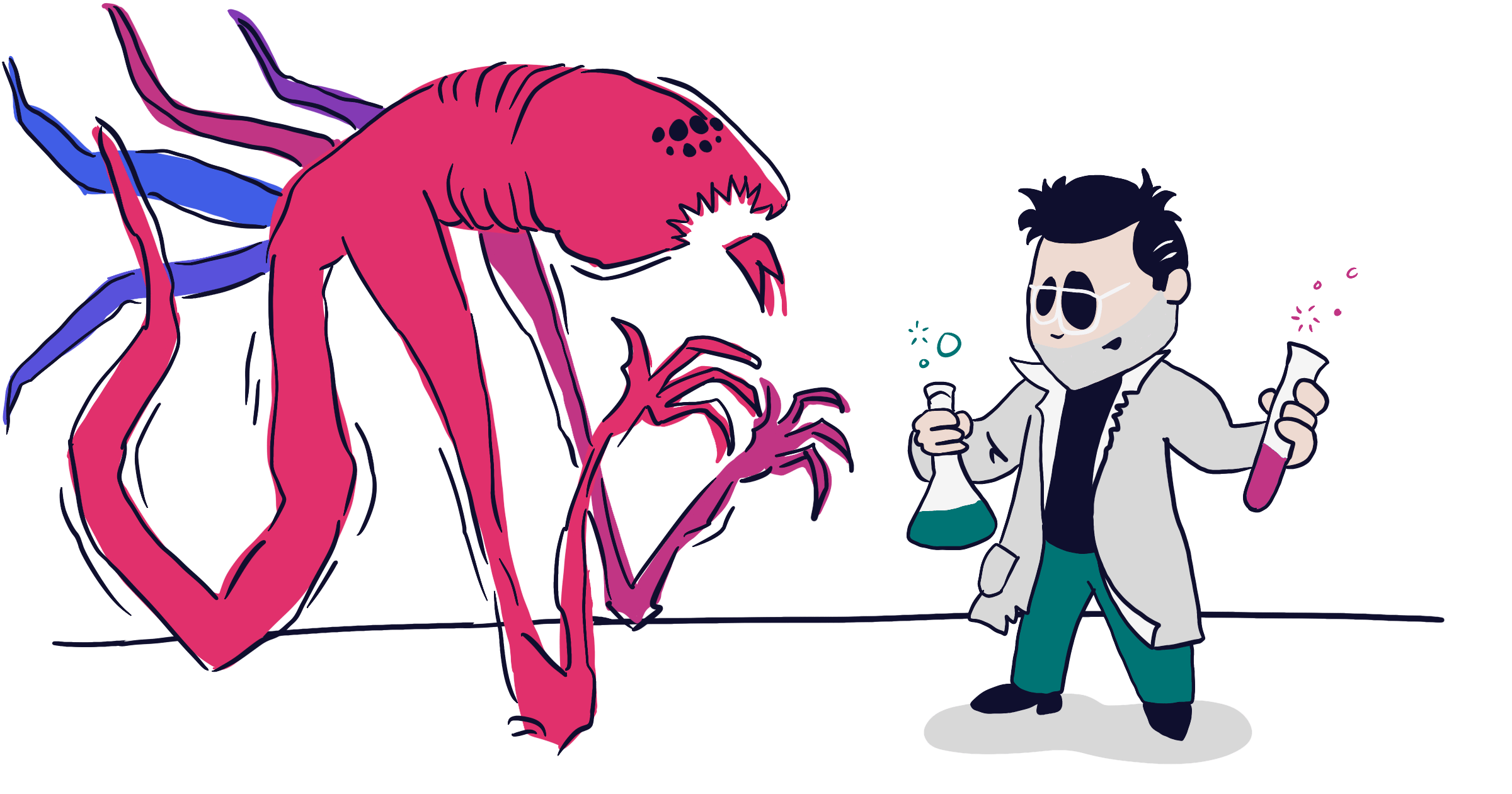 Cartoon-version of Carlos Eriksson dressed as a scientist, experimenting with a giant multicoloured spider-monster.