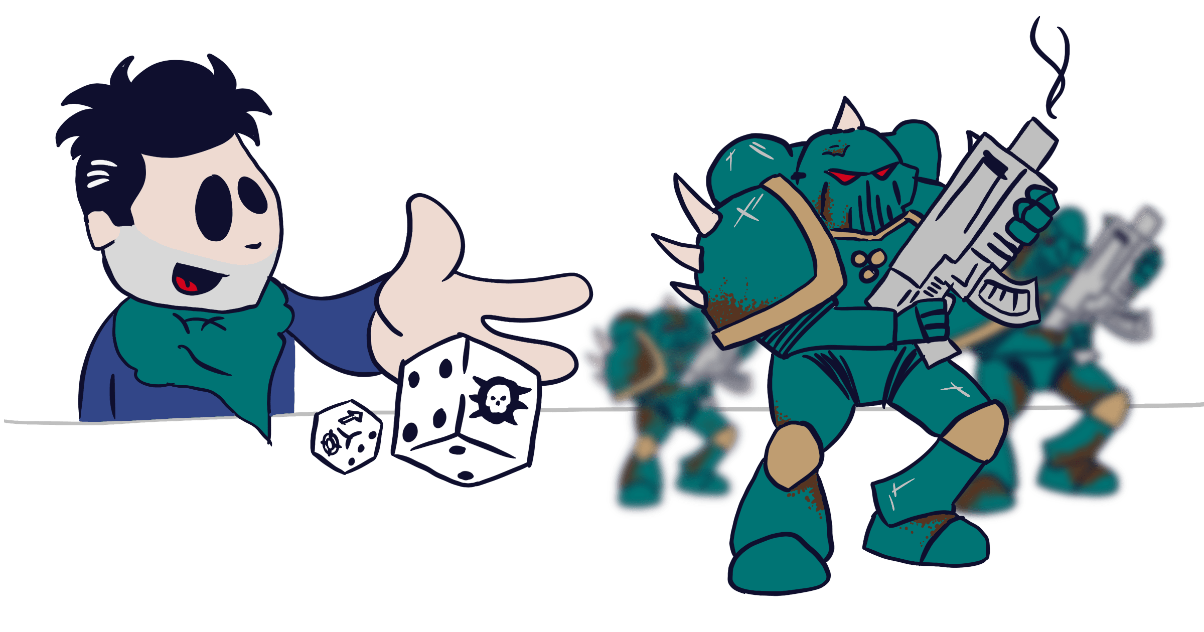 Carlos Eriksson illustrated as a Disney character rolling dice to play Warhammer 40,000 with his Death Guard army, multiple chaos space marines standing in front of him.