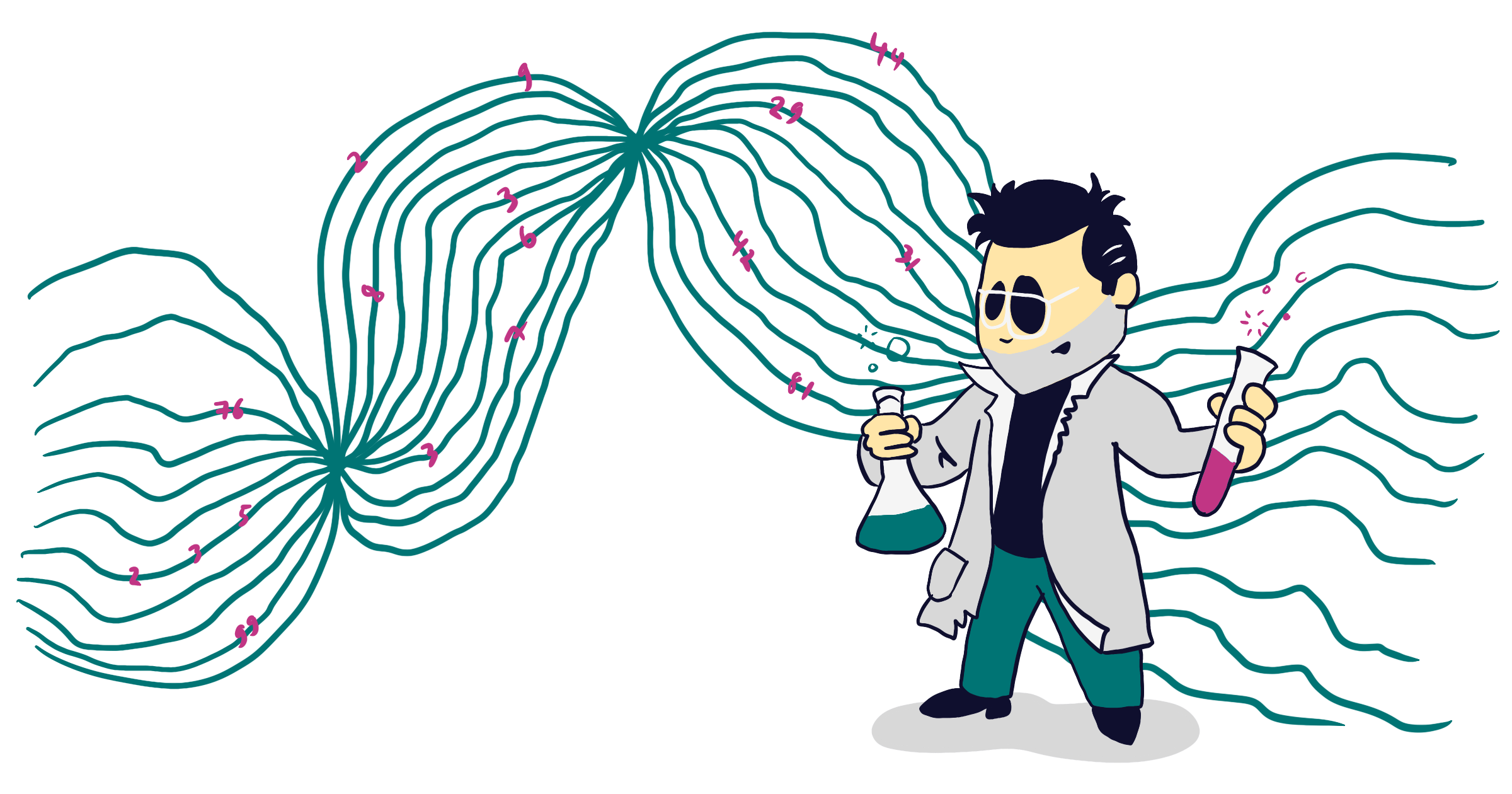 Cartoon-version of Carlos Eriksson dressed as a scientist, processing large amounts of numbers that are floating by.