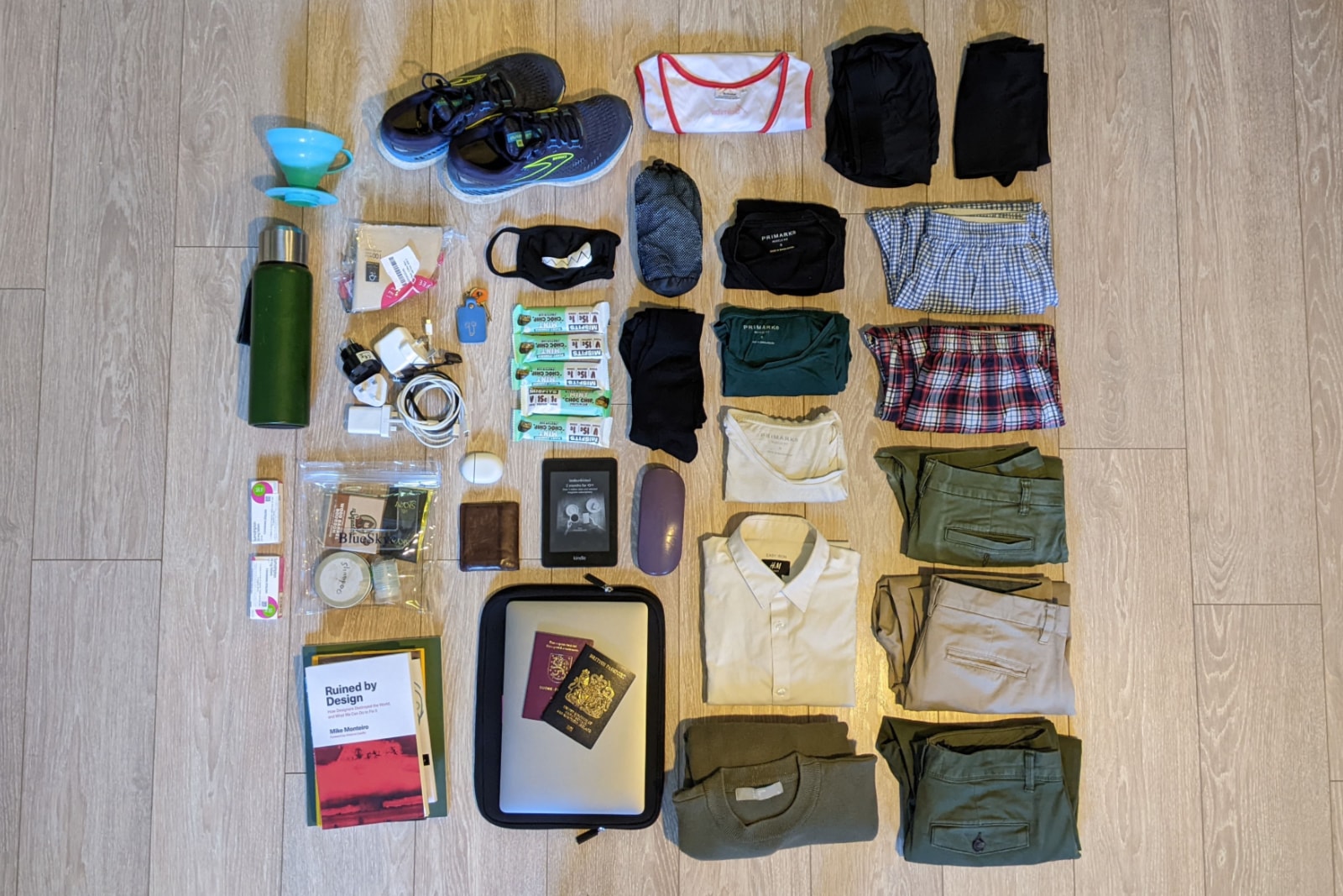 Every item I bring with me when I travel, neatly placed next to each other on the floor.