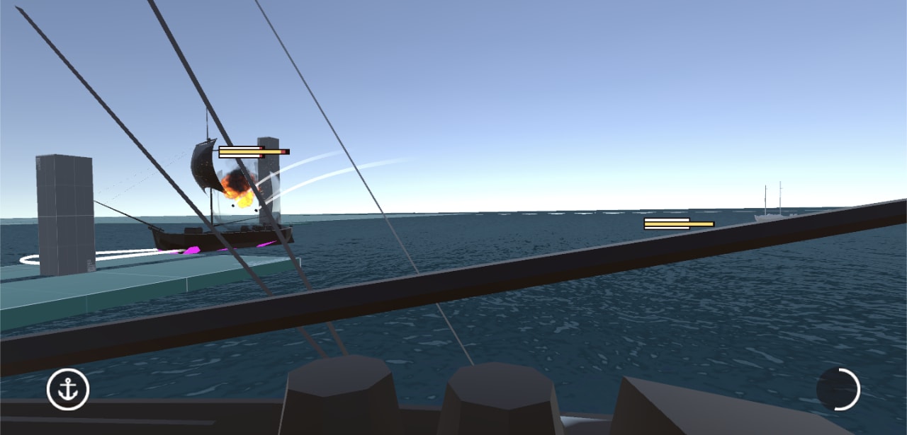Screenshot from a work in progress video game depicting a ship firing cannons at another ship.