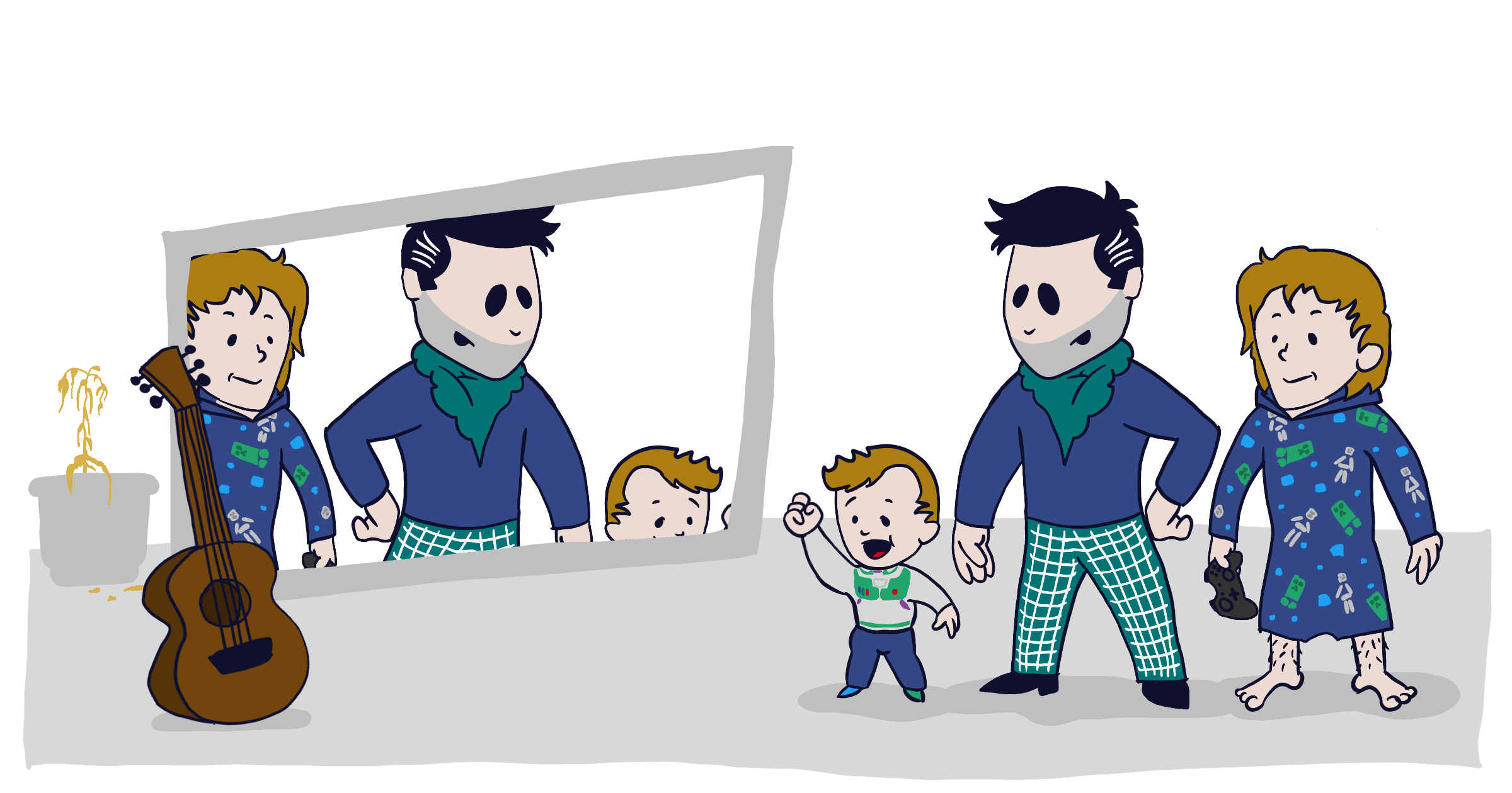 Carlos Eriksson as a Disney character, standing with a toddler and a teenager representing their children, looking themselves in the mirror.