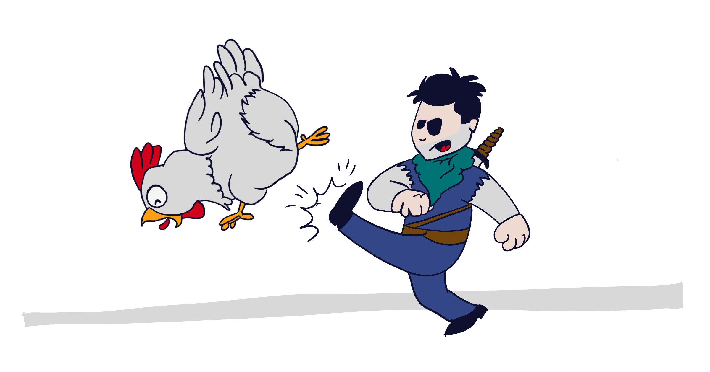 Carlos Eriksson drawn as a cartoon version of the Fable character kicking a chicken.