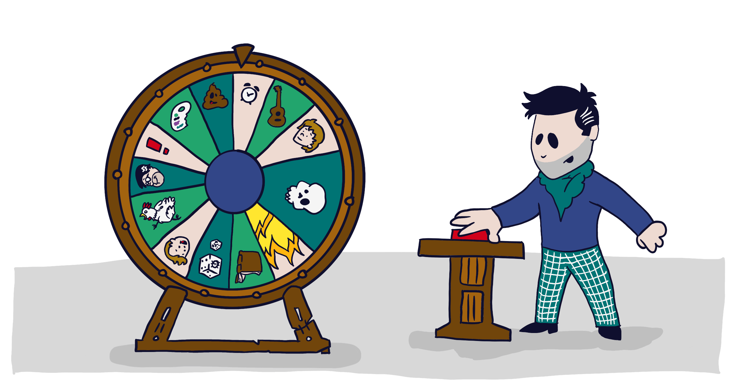 Carlos Eriksson as a Disney character standing my fortune wheel depicting all the different things he's historically done and blogged about, like shitting himself.