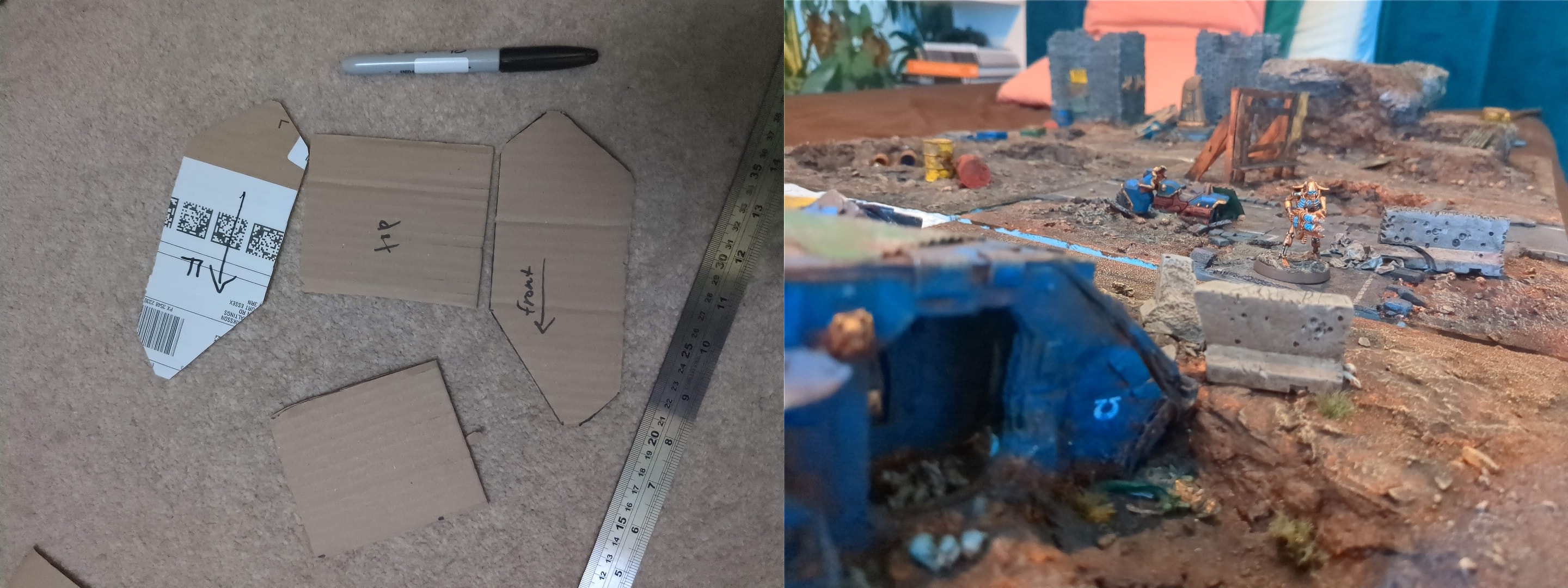 Two pictures side by side, the first shows a couple of crude panels of cardboard, the second a staged photo with the same panels built as a complex Warhammer Land Raider amongst ruined terrain.